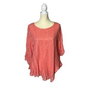 Paisley Vine Coral Lace Flutter Bell Sleeve Flowy Fairy Blouse Women's Size M